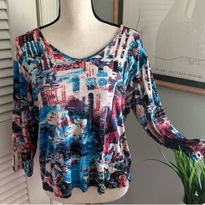 CHICOS Travelers Top 3/4 Sleeve Slinky Stretch Artsy